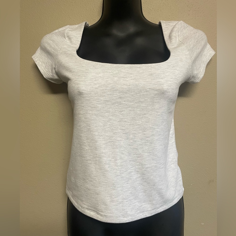 American Eagle Light Heather Gray Square Neck Short Sleeve Light Soft Fitted